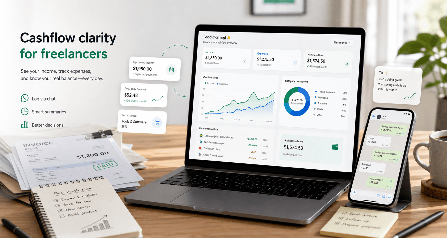 Freelance cashflow dashboard with income, expenses, and a phone-based transaction log